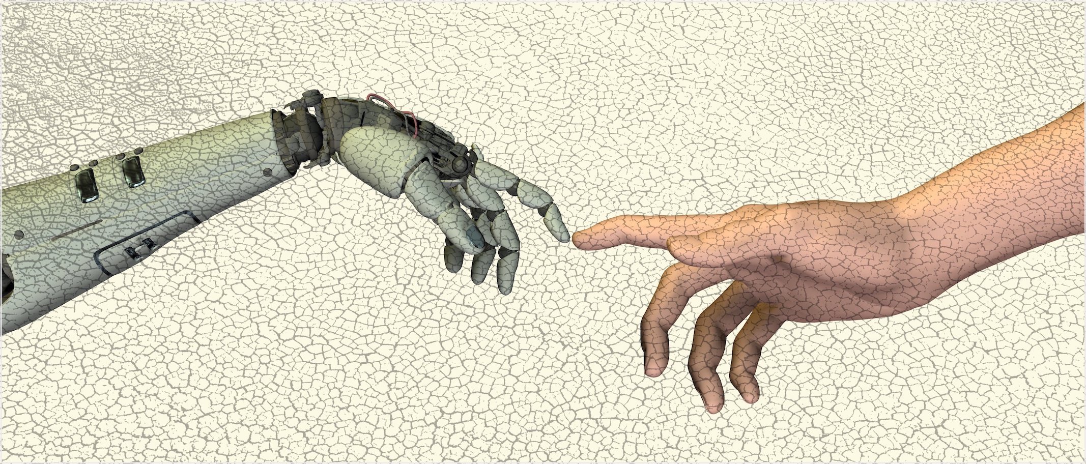 Artificial intelligence, conceptual computer artwork. Human hand (right) touching fingers with a robot's hand (left), mimicking Michelangelo's painting The Creation of Adam (in the Sistine Chapel, Rome, Italy) where two pointing hands meeting signify the biblical story of the creation of Adam by God. This image could symbolise humans creating robots.